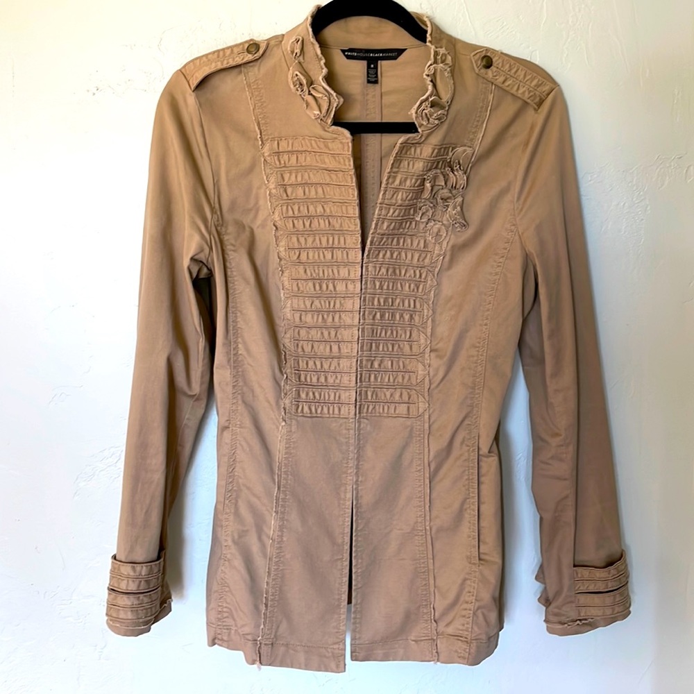 Super cute blazer style cotton jacket with eye hook closure from WHBM.
